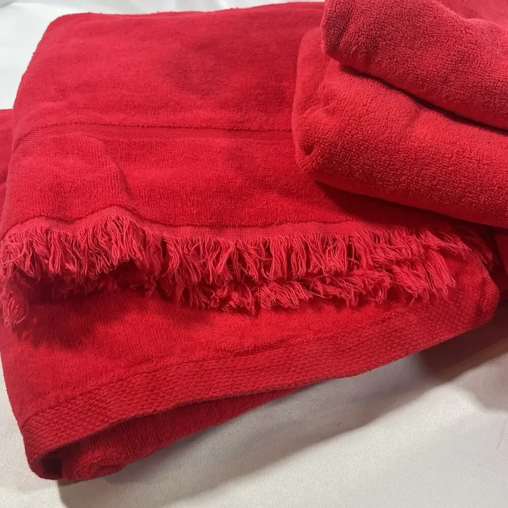 Vintage Set of 5 Bright Red Springmaid Towels Bath Mat Hand Towel USA